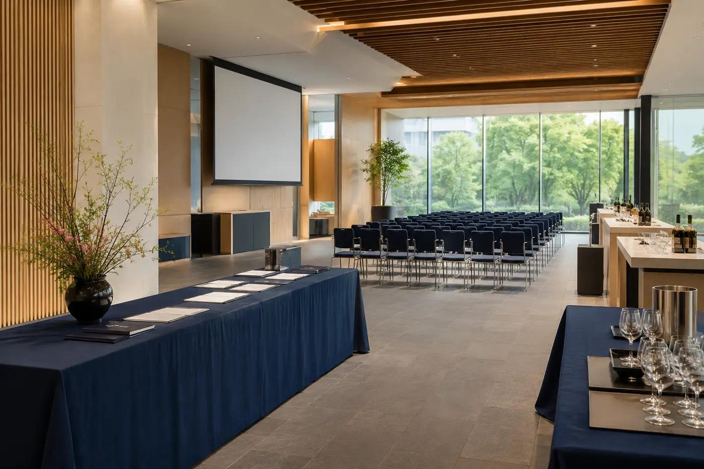 Empty modern event venue prepared for a business program and reception