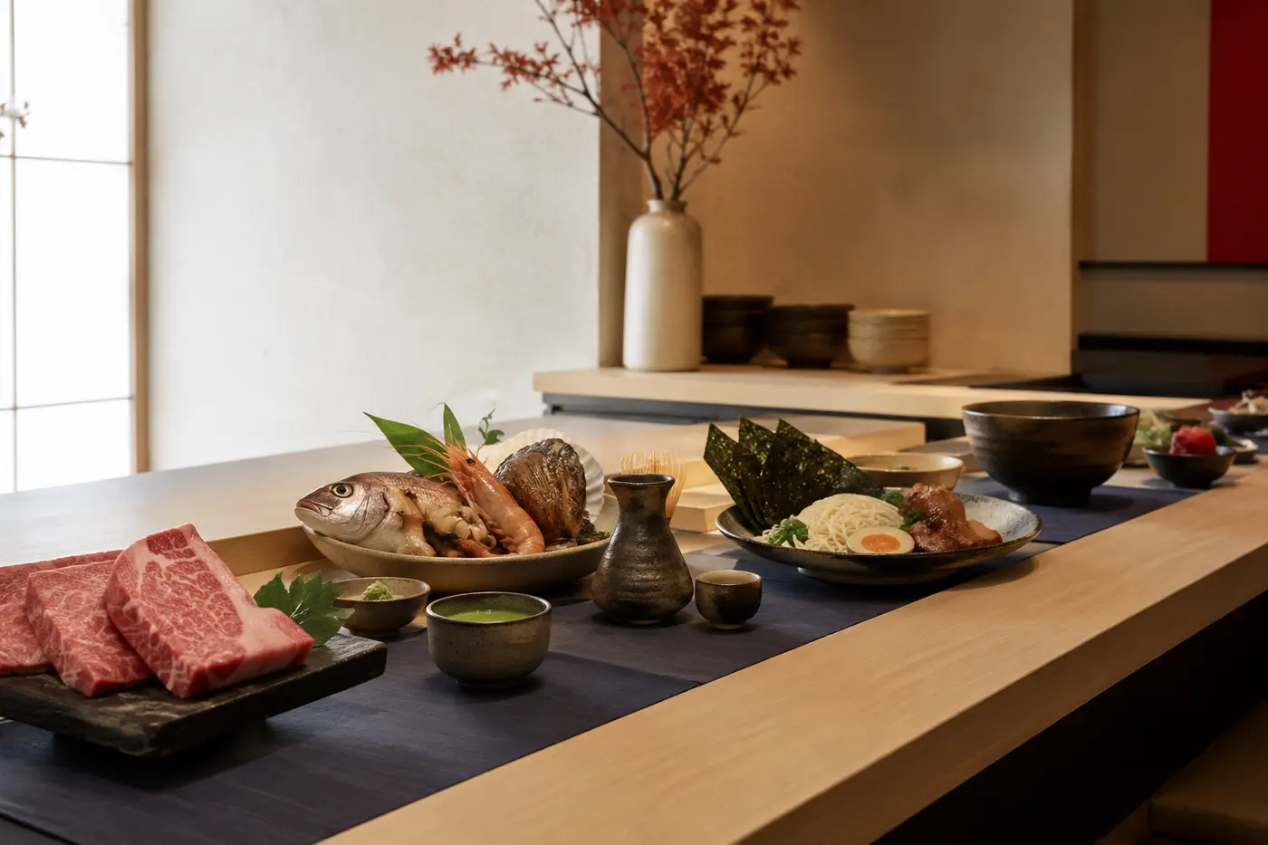 Japanese food and hospitality presentation with wagyu, seafood, matcha, sake, and ramen