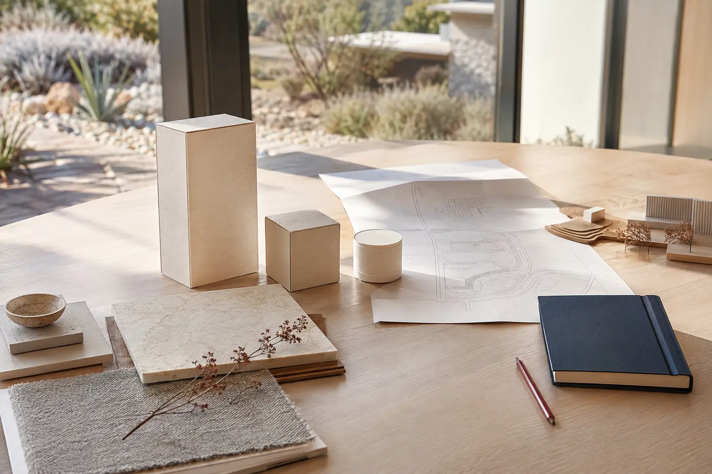 Market-entry strategy workspace with blank packaging, site plans, material samples, and notebook